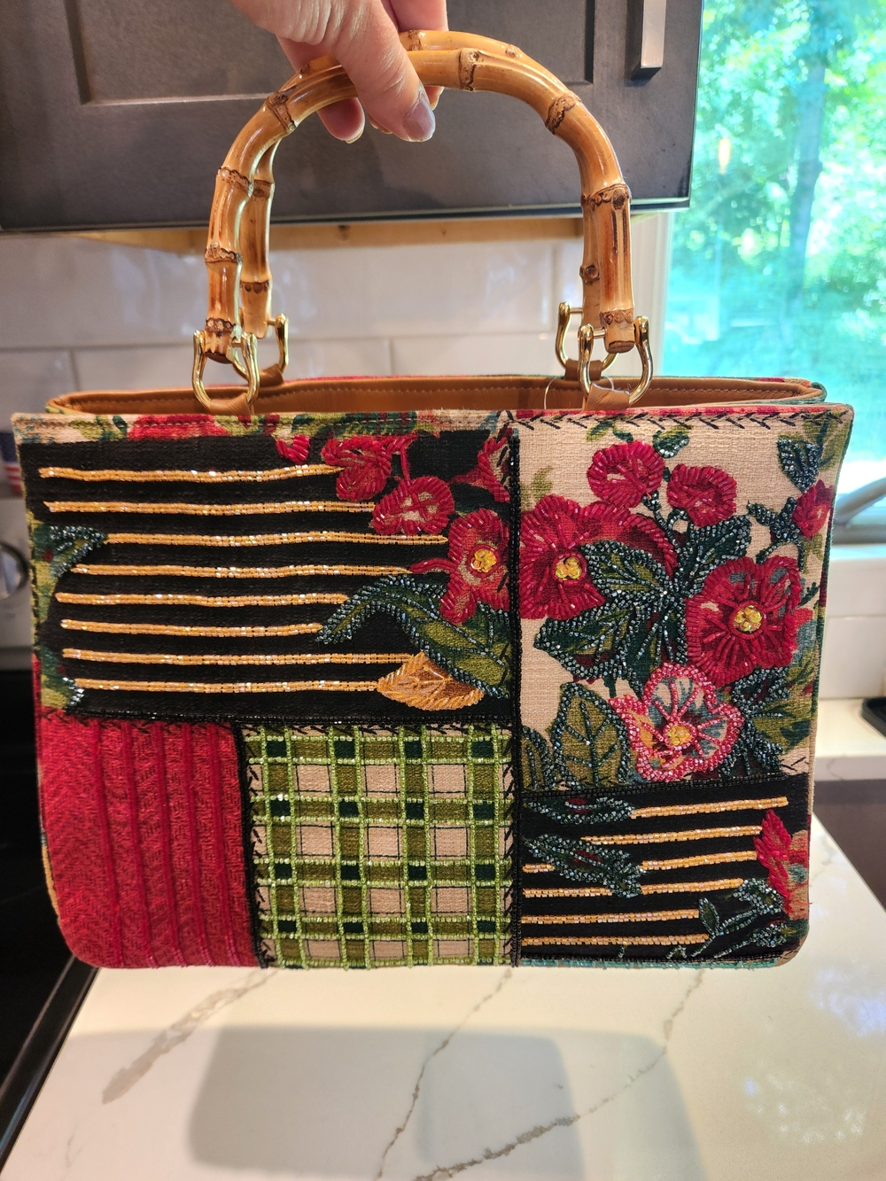 Isabella Fiore Vintage Y2K Beaded Patchwork Bamboo Handle Satchel Bag, RARE